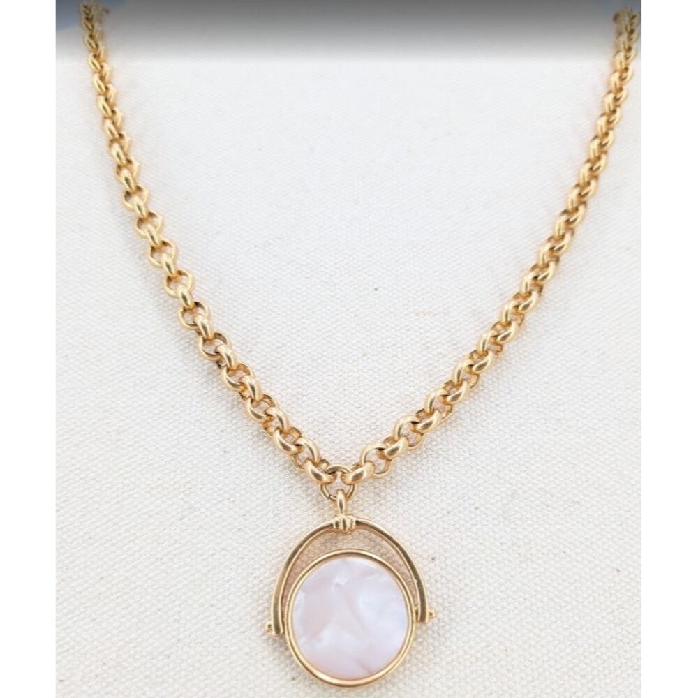 Gold Tone Necklace Rotating Spinner Pendant Pearlescent Reversible Toggle 18in